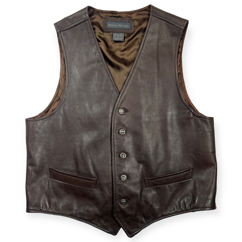 Vintage Banana Republic Brown Leather Hunting Vest Animal Buttons Men's Large